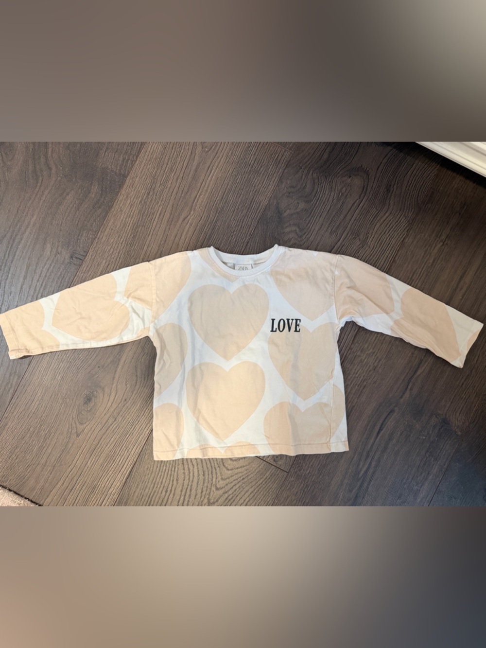 Zara Kids Beige Heart-Print Long Sleeve Top - LOVE Detail